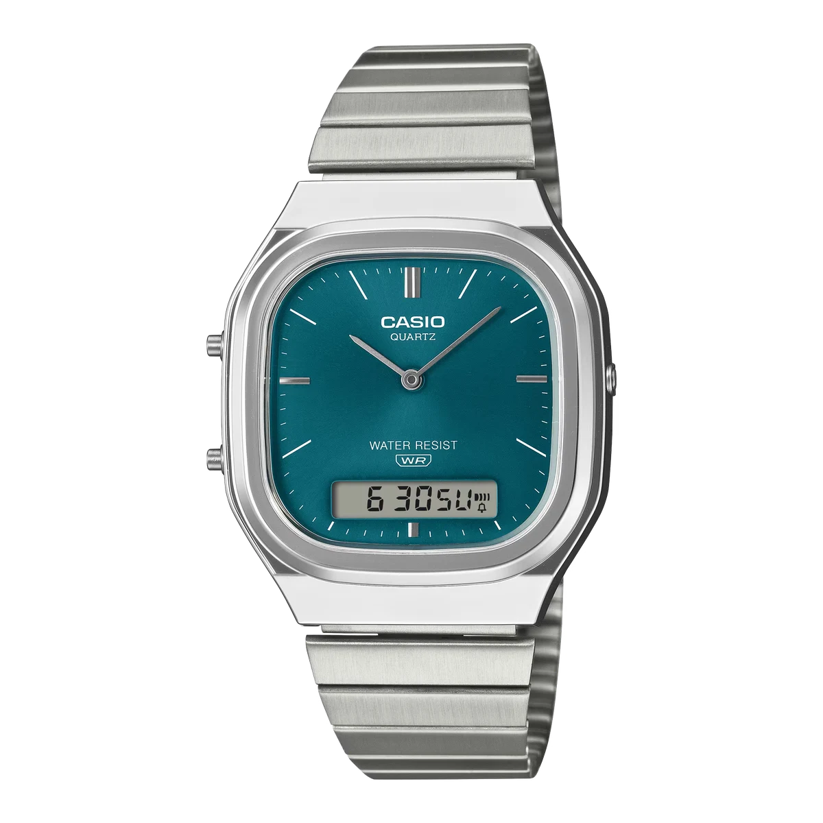 Casio AQ-240E-3A with blue-green sun-ray dial on a stainless steel bracelet