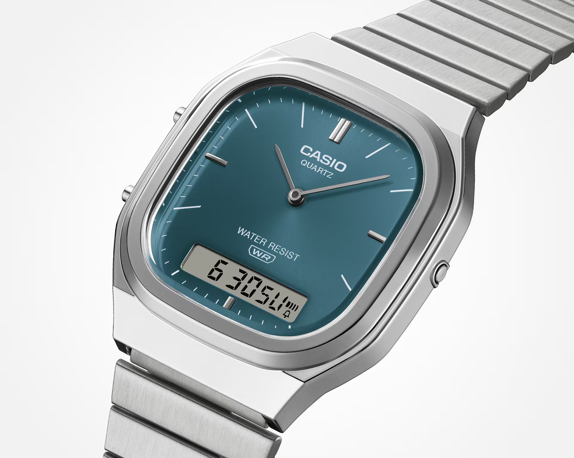 Close-up of the AQ-240E case and bracelet showing the retro-modern styling