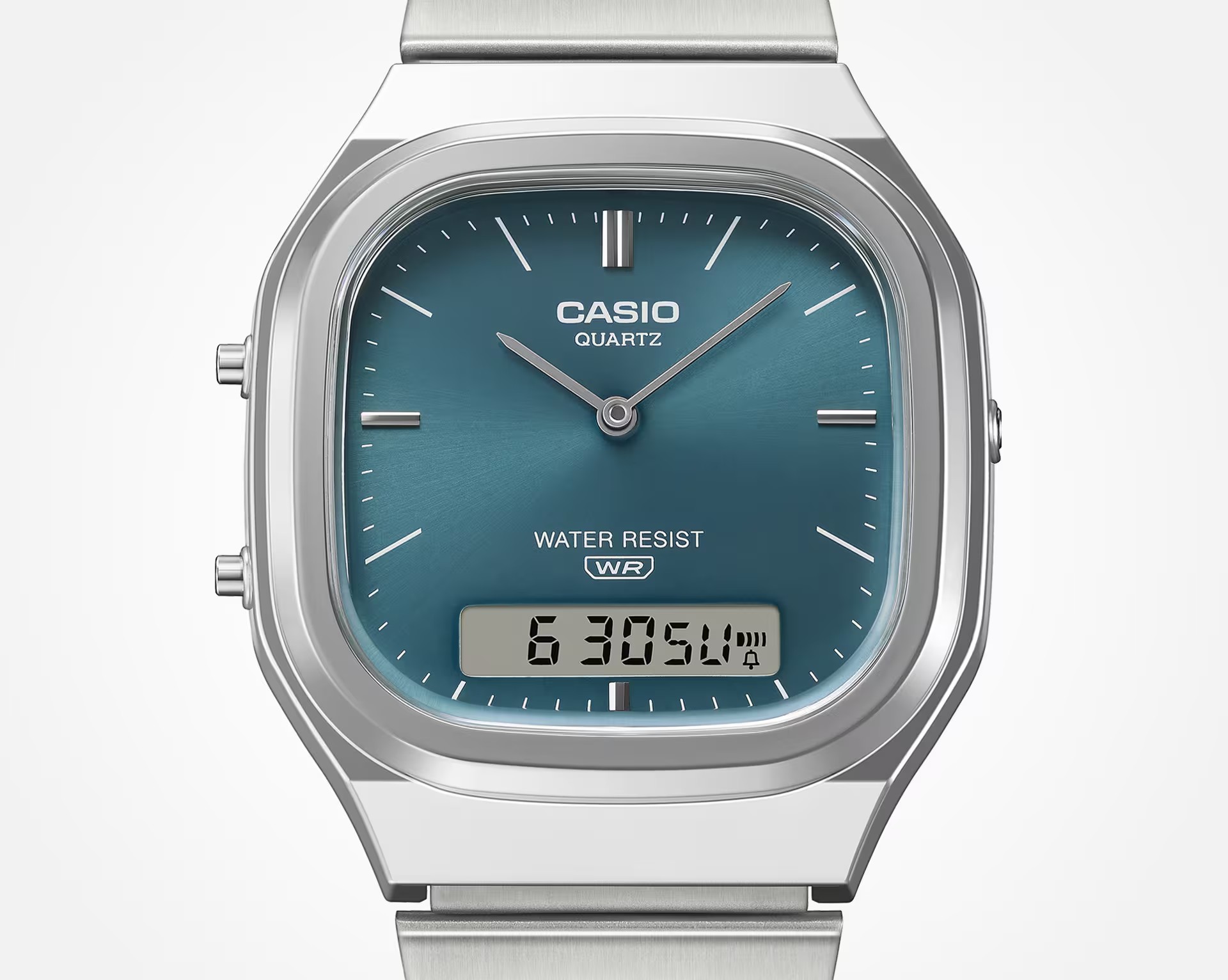 Close-up of the AQ-240E dial showing the slim indexes and digital window